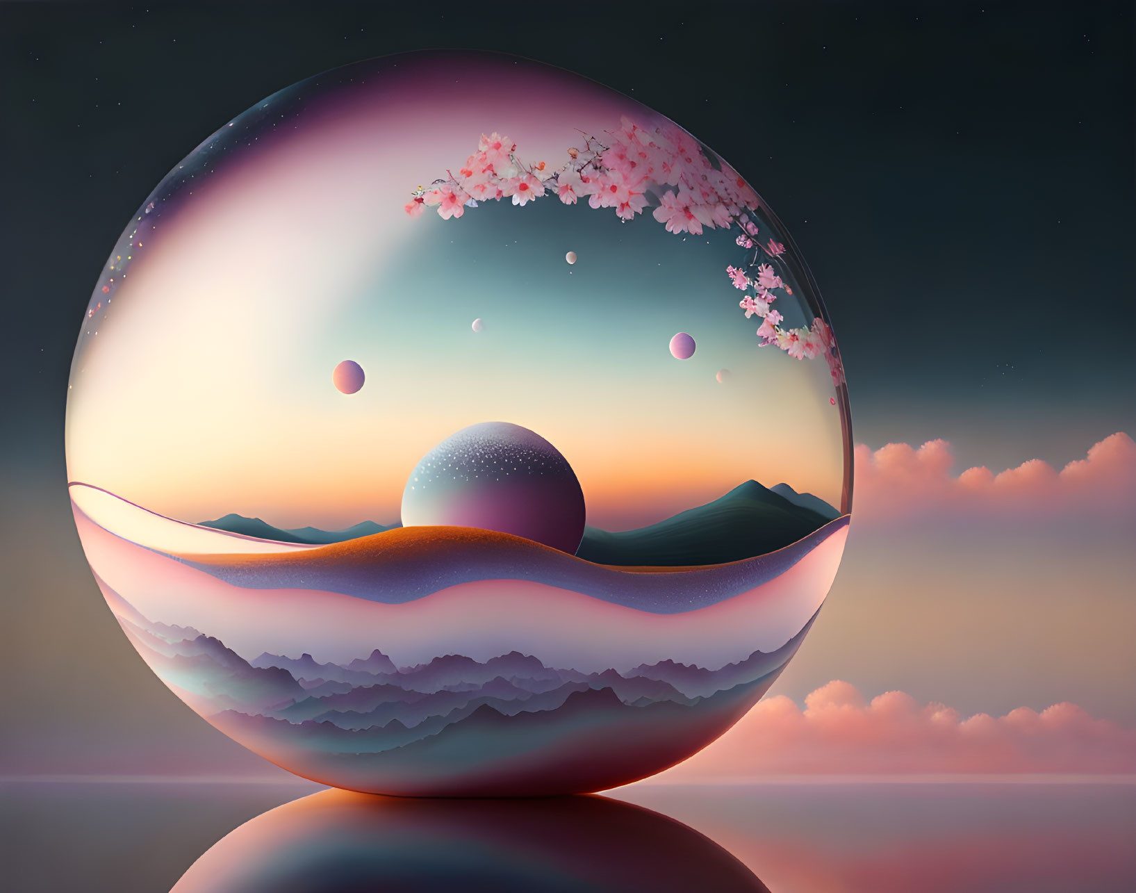 Transparent sphere fantasy landscape with hills, water, trees, and skies