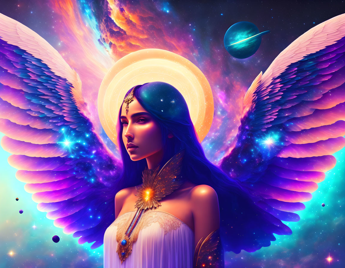 Mystical winged woman with halo in vibrant cosmic setting