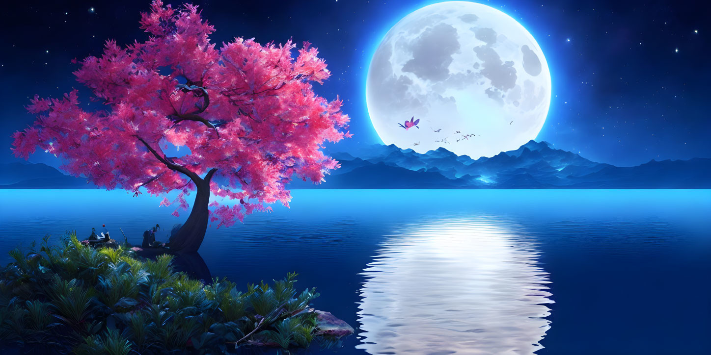 Tranquil nightscape: pink cherry blossom tree by lake, full moon, stars, silhou