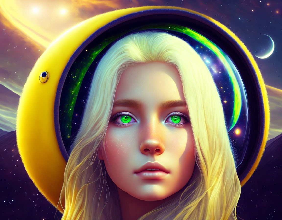 Digital artwork: Woman with green eyes and blonde hair, cosmic halo with stars and crescent moon