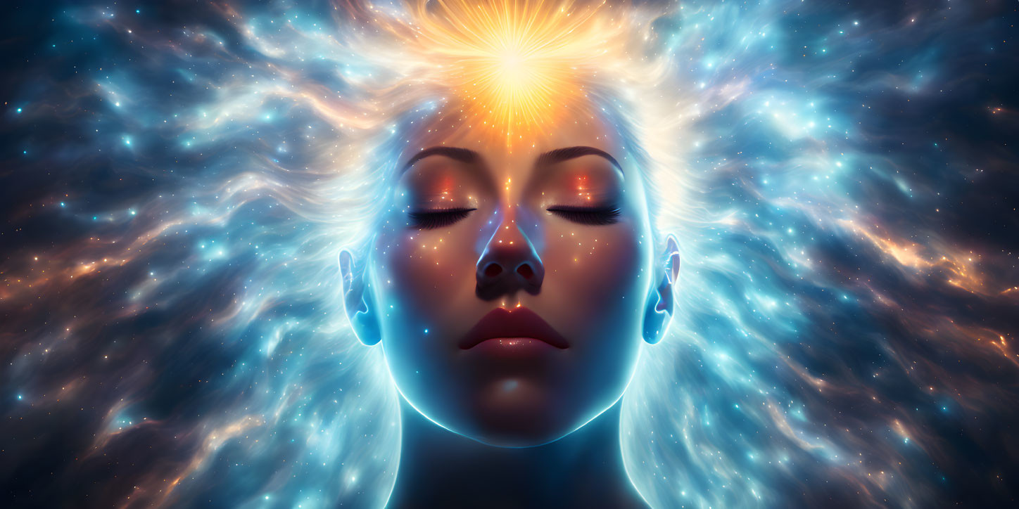 Woman's Face Radiating Light in Cosmic Background