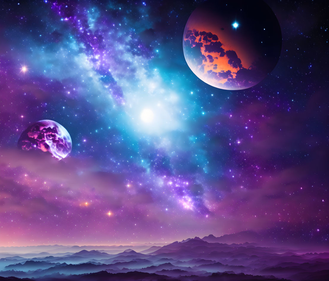 Vivid cosmic landscape with starry sky, nebulae, planets, and mountains