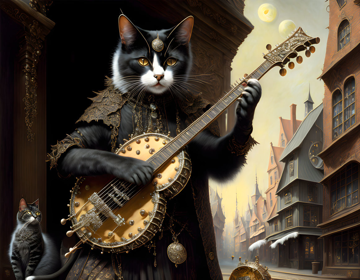 Anthropomorphic cat in renaissance attire playing lute on cobblestone street