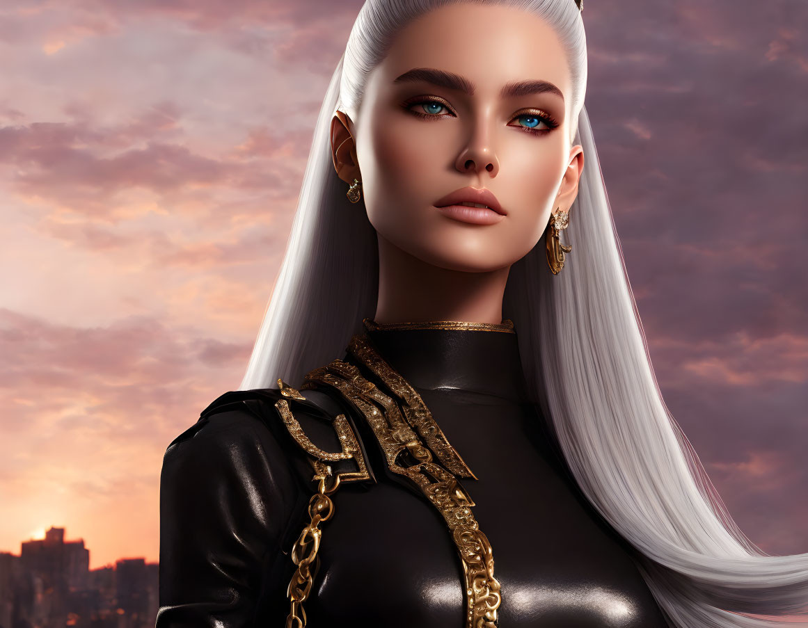 Digital Artwork: Woman with Blue Eyes, White Hair, and Gold Earrings