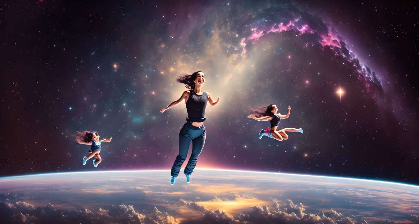 Women floating joyfully in space above Earth with galaxy backdrop