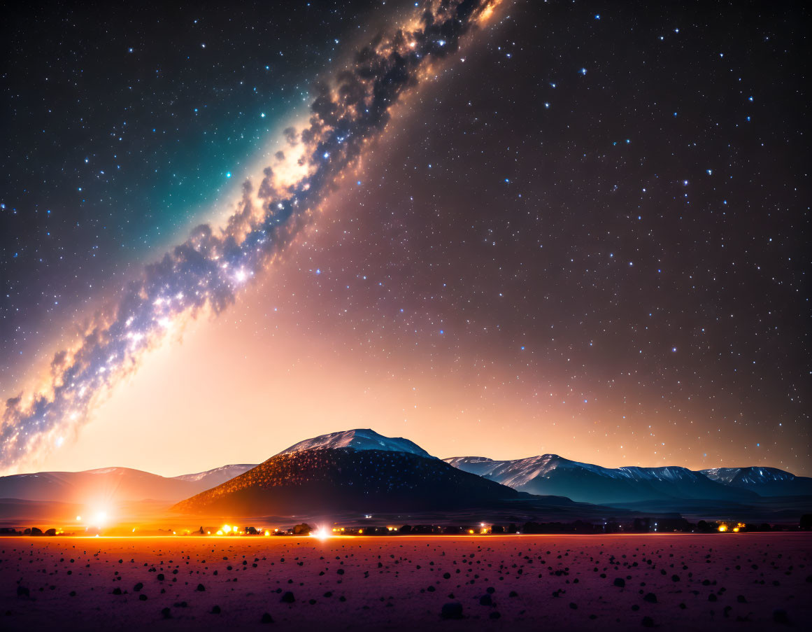 Starry night sky over mountains and serene landscape