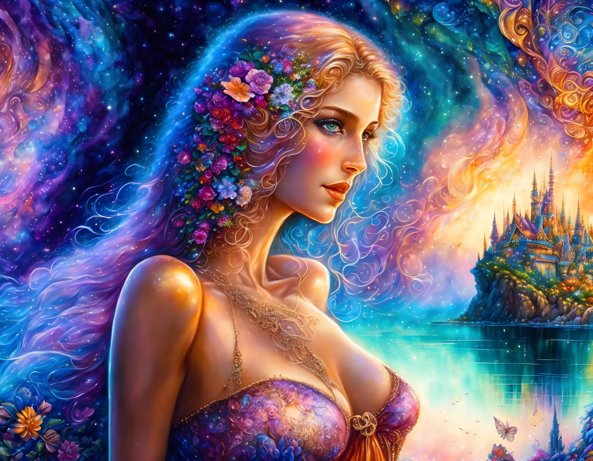 Digital artwork: Woman with floral hair in cosmic scene with castle and lake