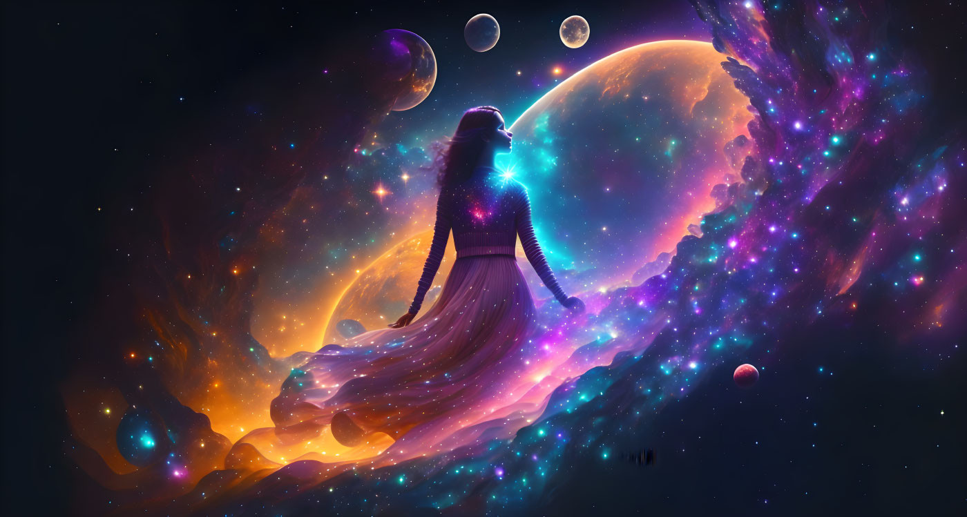 Silhouetted woman against cosmic galaxy backdrop with purple and orange hues