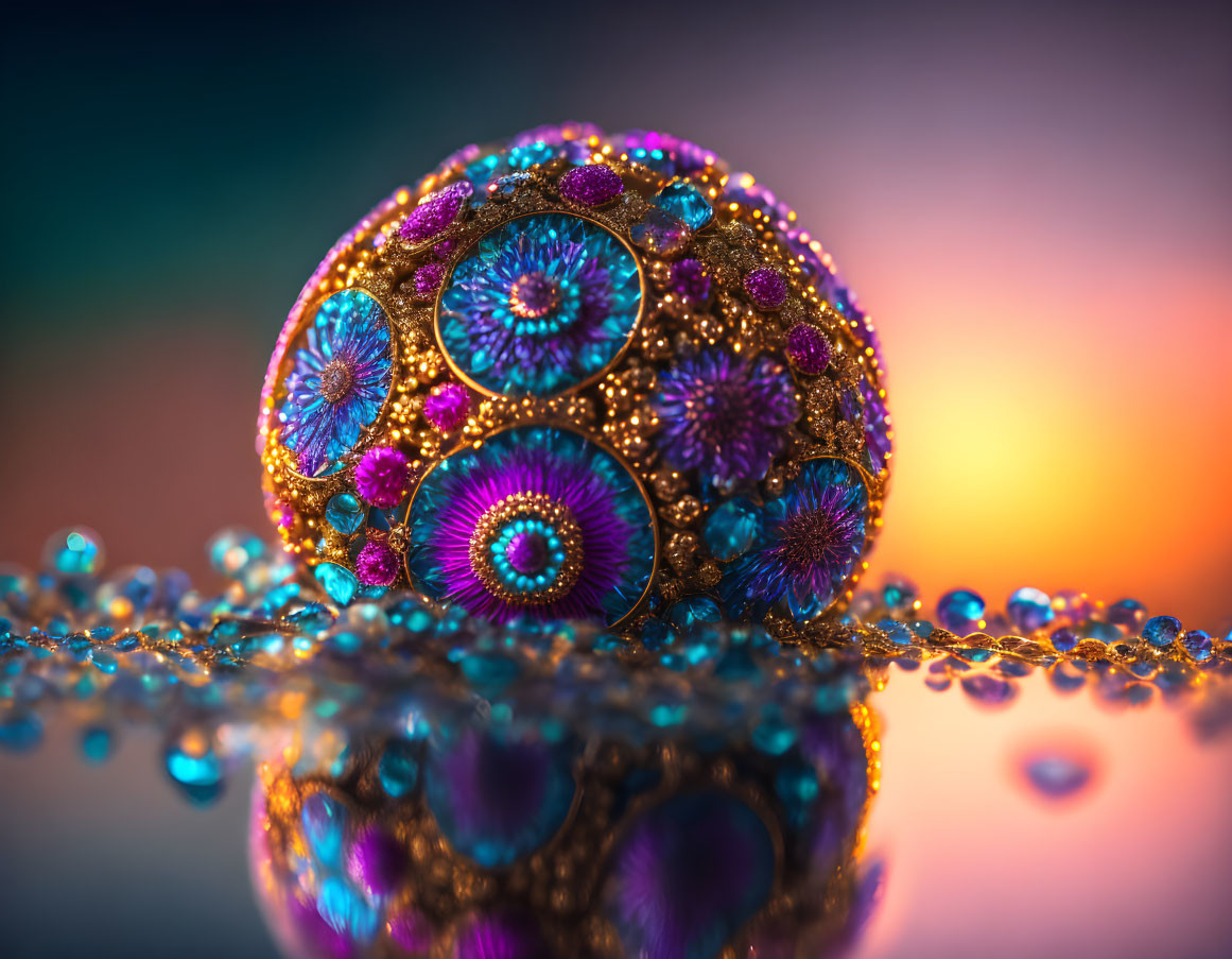 Intricate gold and purple spherical object with delicate beading on soft-focus background