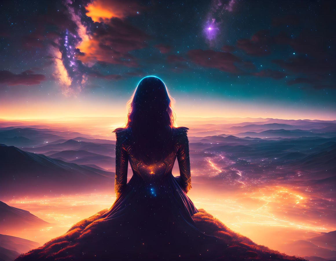 Person sitting on hilltop under cosmic sky with stars, nebulae, and galaxy.