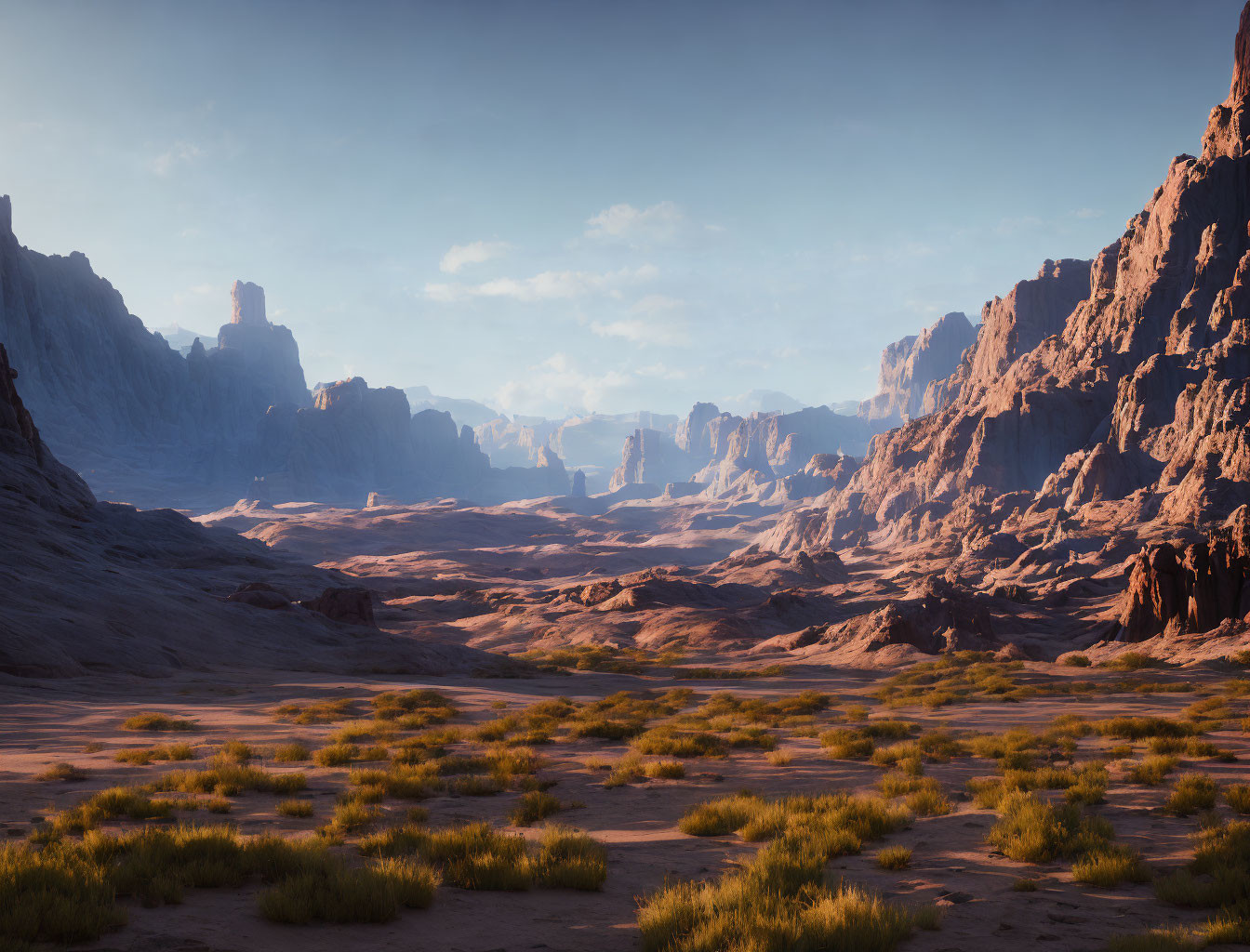 Desert landscape with red rock formations under blue sky