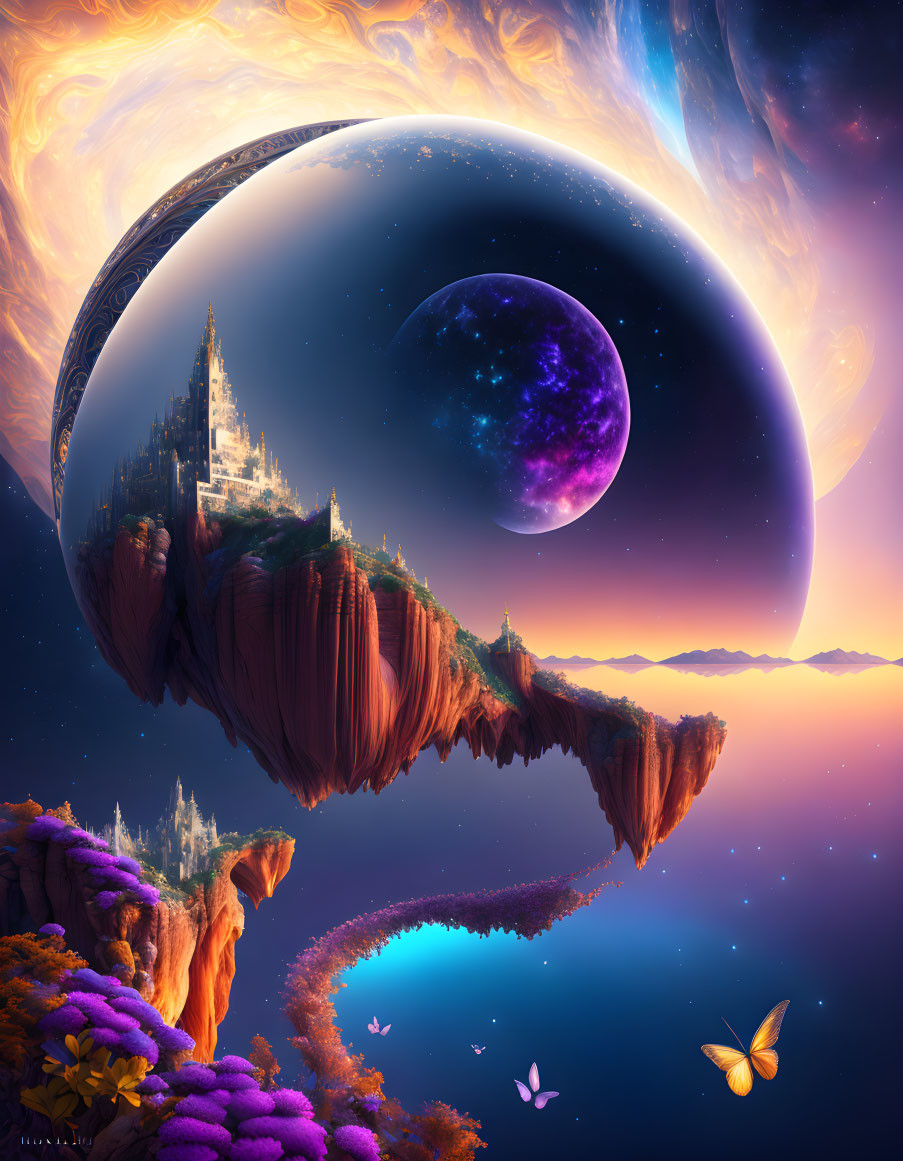 Fantastical landscape with floating rocky island, castle, giant planet, purple moon, sunset sky,