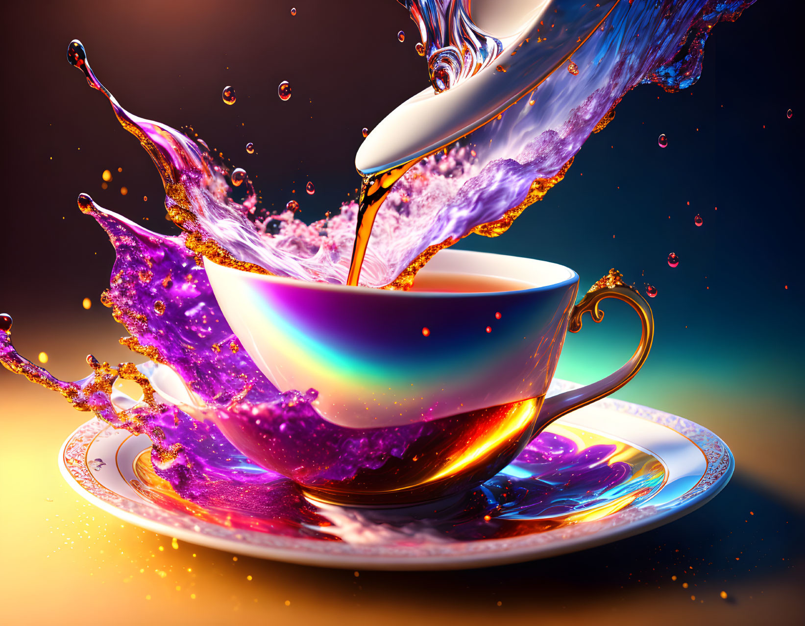 Colorful liquid splash on porcelain cup and saucer