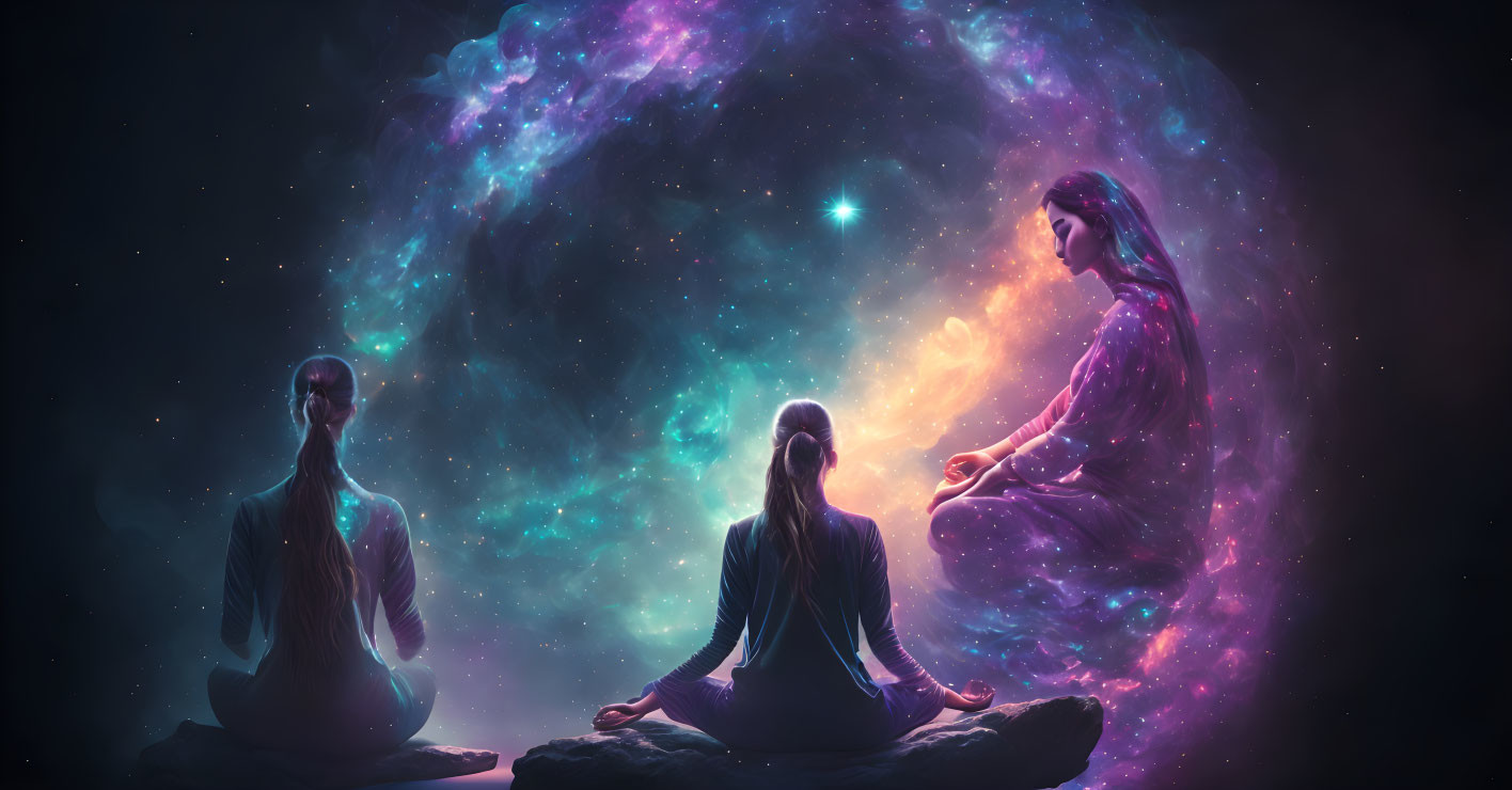 Three people meditating in cosmic space with nebulae and stars, embodying ethereal beings in