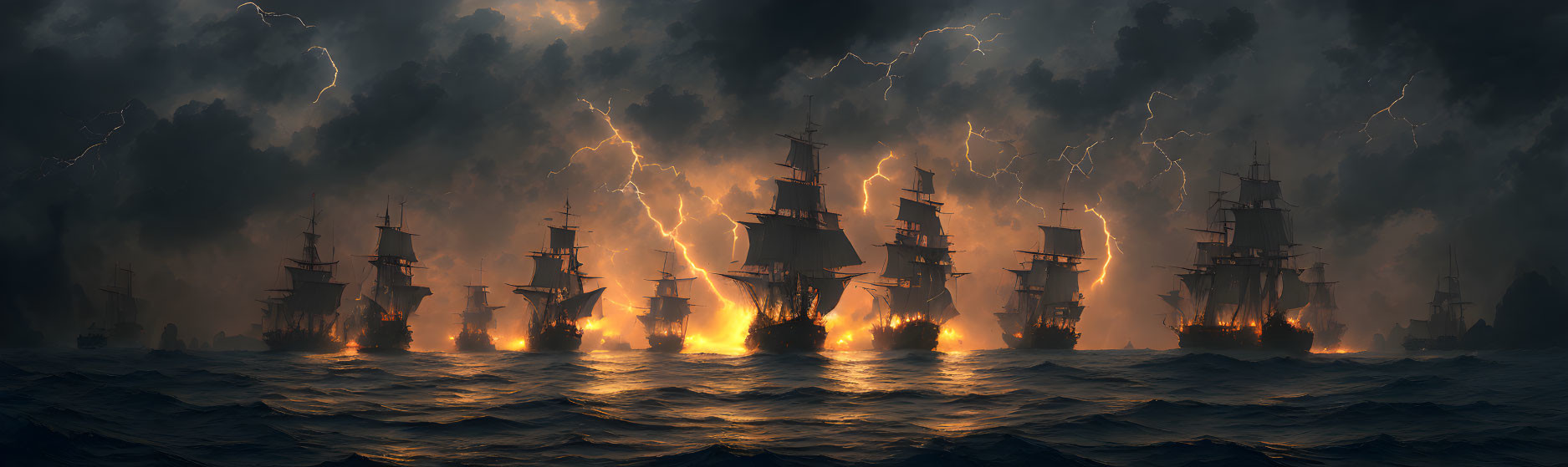 Dramatic naval battle at night with flaming ships in stormy seas