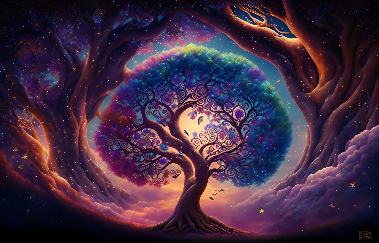 Majestic tree with cosmic leaves in vibrant fantasy landscape