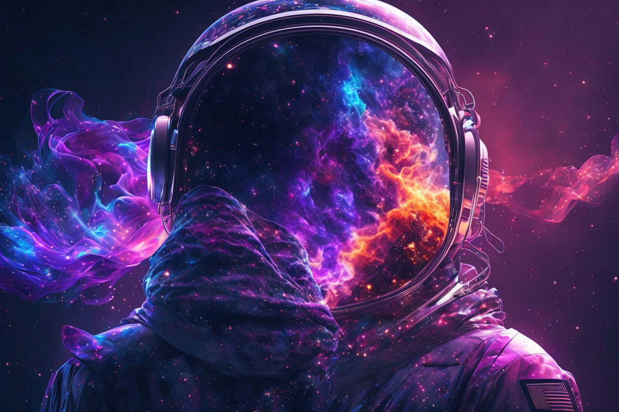 Astronaut with reflective visor in vibrant cosmic nebula