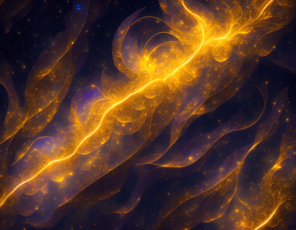 Abstract Digital Artwork: Golden Swirls on Blue Cosmic Background