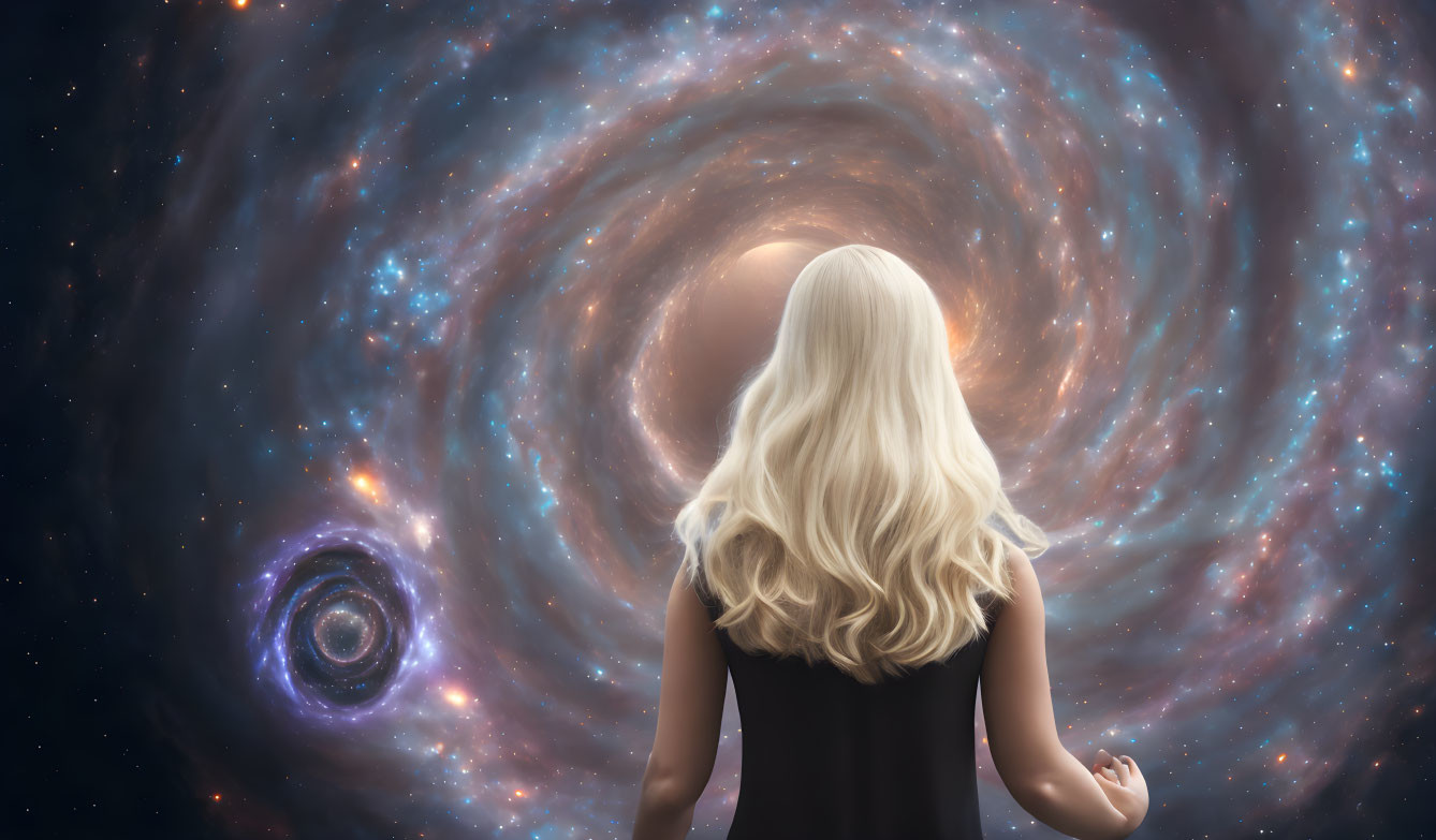 Blonde woman looking at swirling galaxies and stars