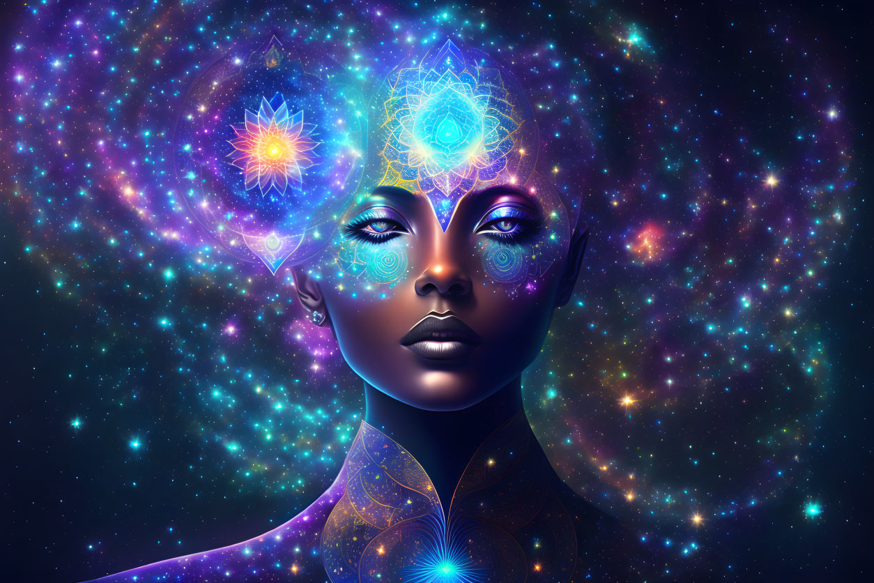 Cosmic-themed digital portrait of woman with glowing patterns against starry space.