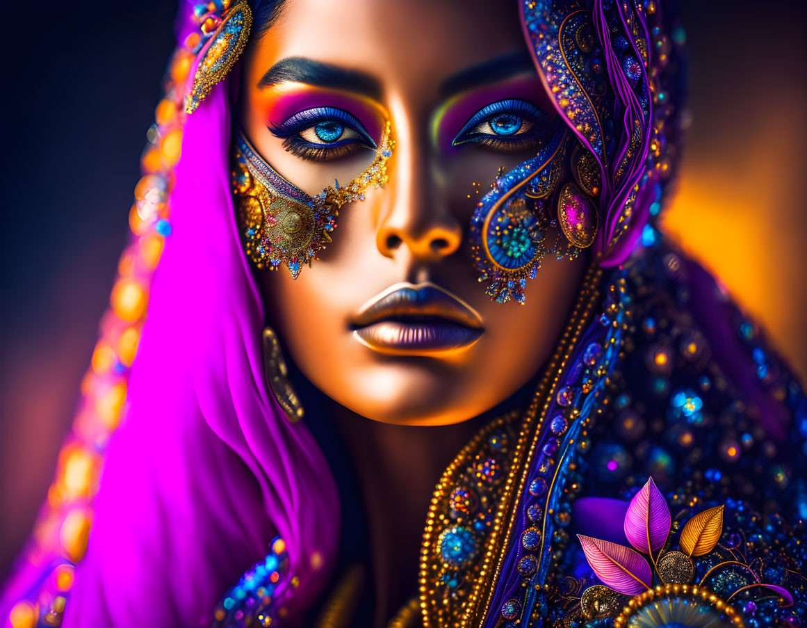 Colorful digital artwork of woman with intricate makeup and jewelry on golden background