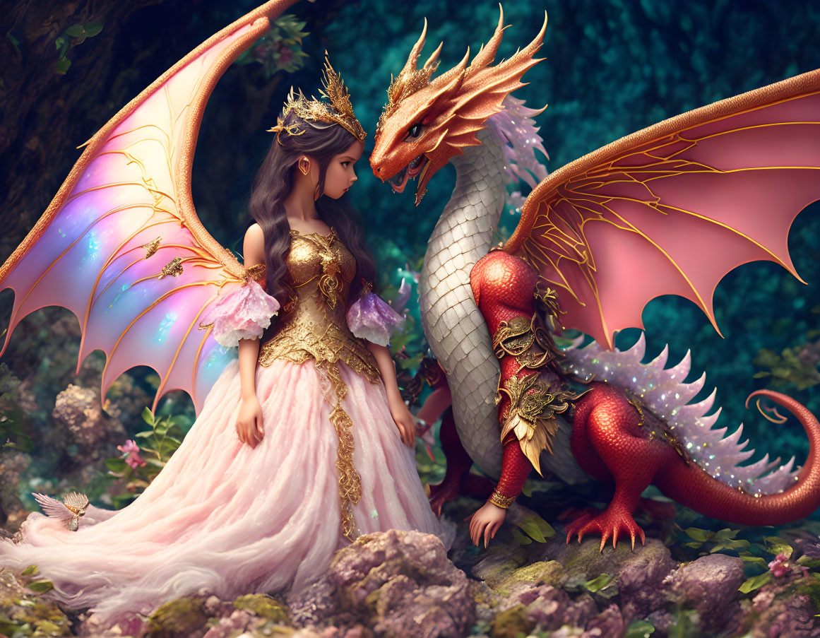 Princess in Pink Dress with Red Dragon in Mystical Forest