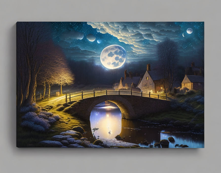 Night scene painting: stone bridge, river, lampposts, full moon, starry sky