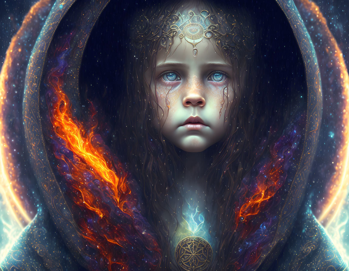 Child with Blue Eyes in Cosmic Fire and Star Patterns with Ornate Headgear and Mystical Symbols