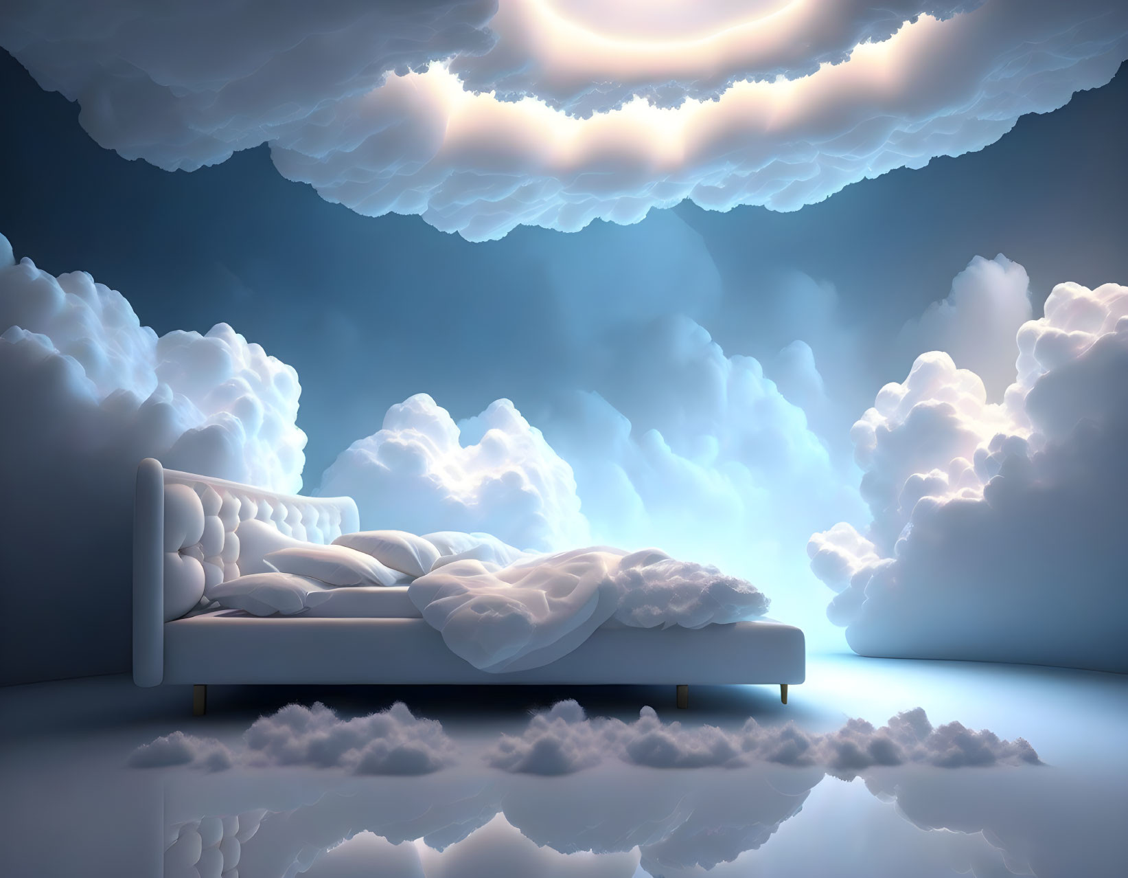 Moonlit surreal scene: white bed in clouds under serene sky