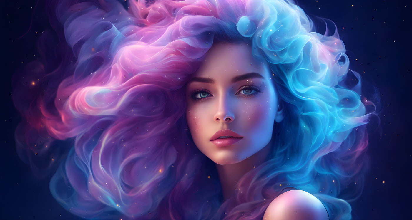 Cosmic-themed digital artwork: Woman with pink and blue nebula hair in starry space.