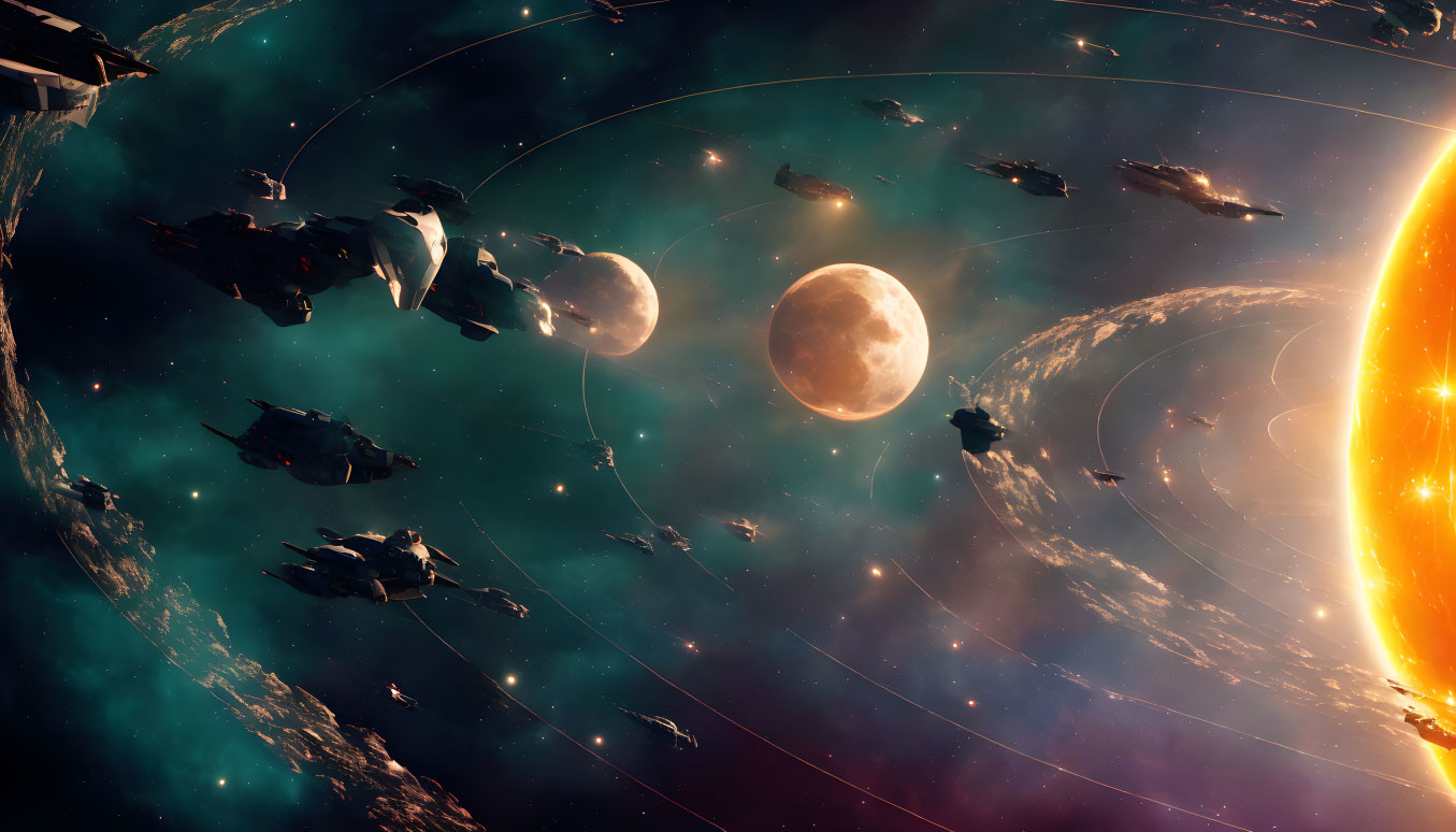 Fleet of spaceships orbiting glowing planet in vivid space scene