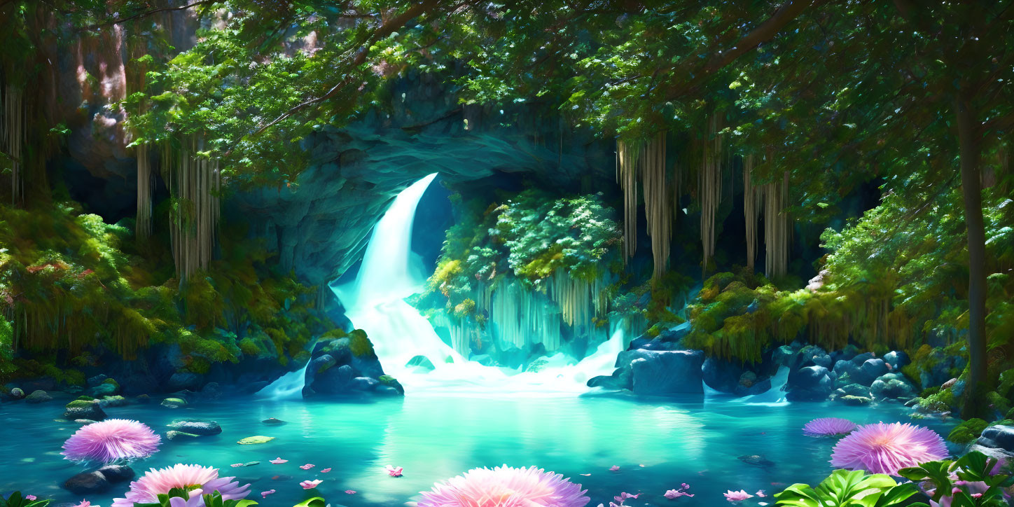 Mystical waterfall in lush forest with vibrant flora