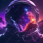 Astronaut with reflective visor in vibrant cosmic nebula