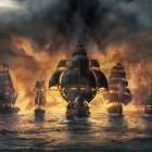 Dramatic naval battle at night with flaming ships in stormy seas