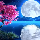 Tranquil nightscape: pink cherry blossom tree by lake, full moon, stars, silhou