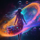 Silhouetted woman against cosmic galaxy backdrop with purple and orange hues