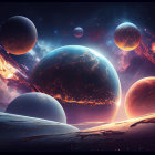 Multiple planets in cosmic landscape with warm celestial glow