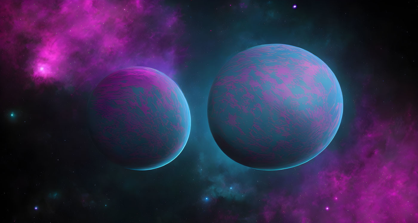 Vibrant purplish-blue planets in nebulous starry sky