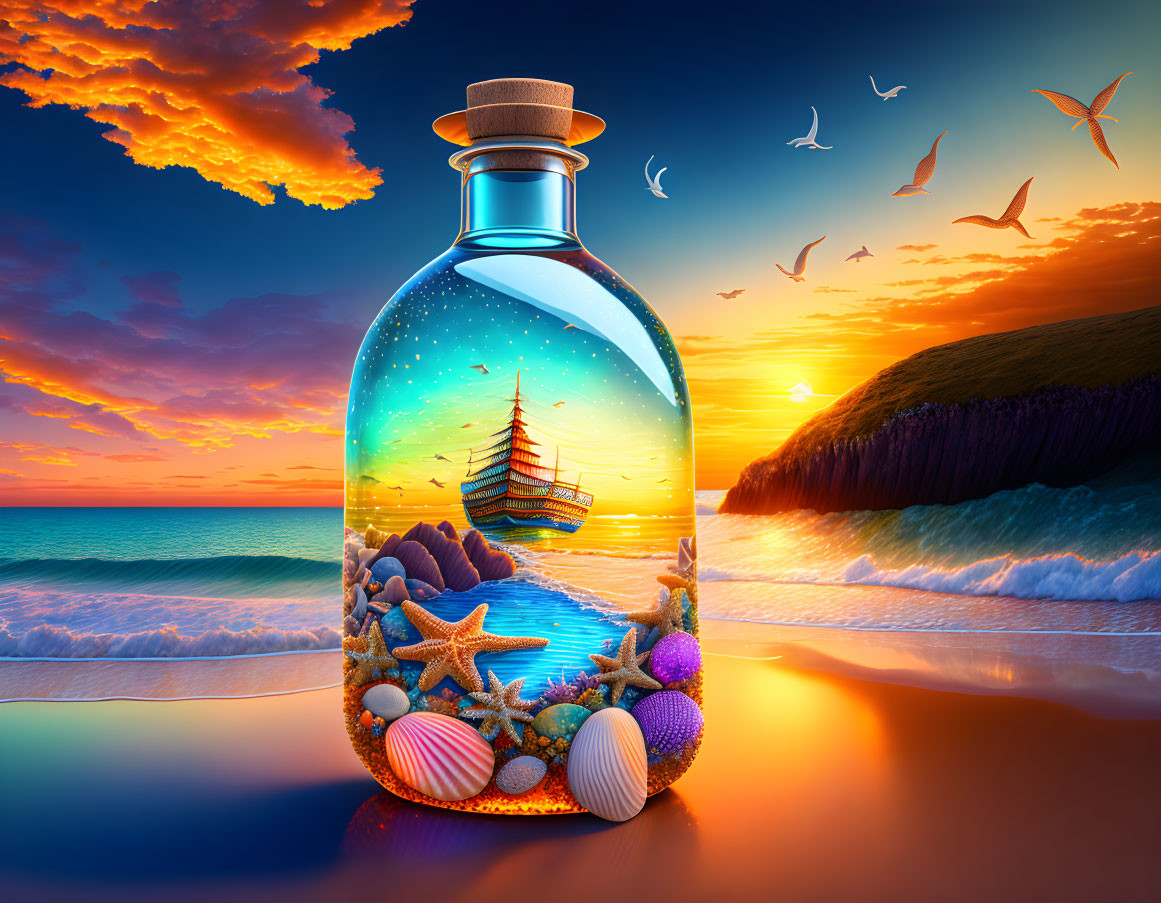 Vibrant ship in a bottle on beach at sunset with seashells and seagulls