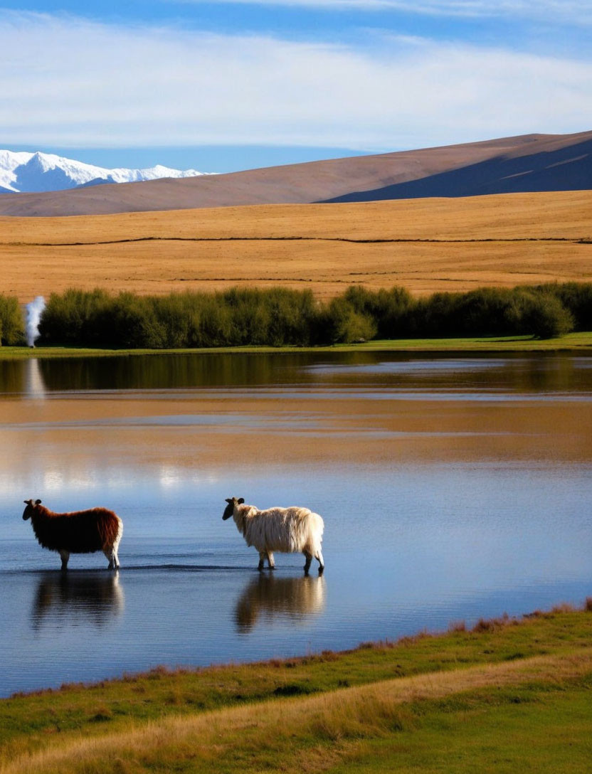 Tranquil mountain lake scene with two llamas and snowy peaks