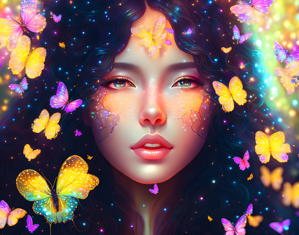 Vibrant portrait of woman with wavy hair and glowing butterflies