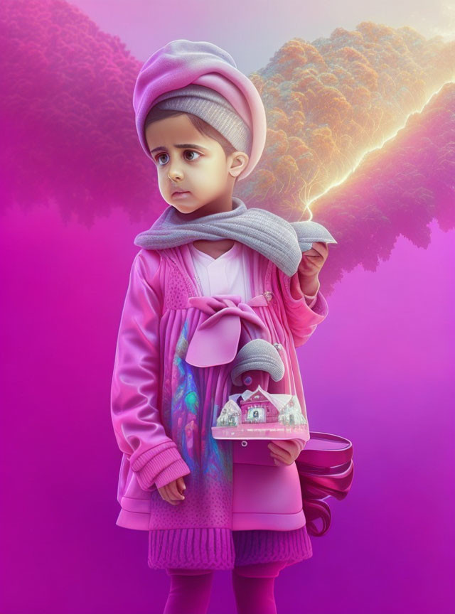 Child in Pink Winter Clothes Holding Small House Model with Bright Lightning-Like Tree