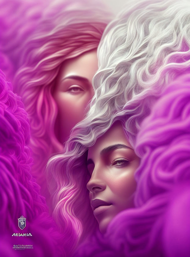 Stylized female portraits with purple and white hair blending into wavy pattern on color background