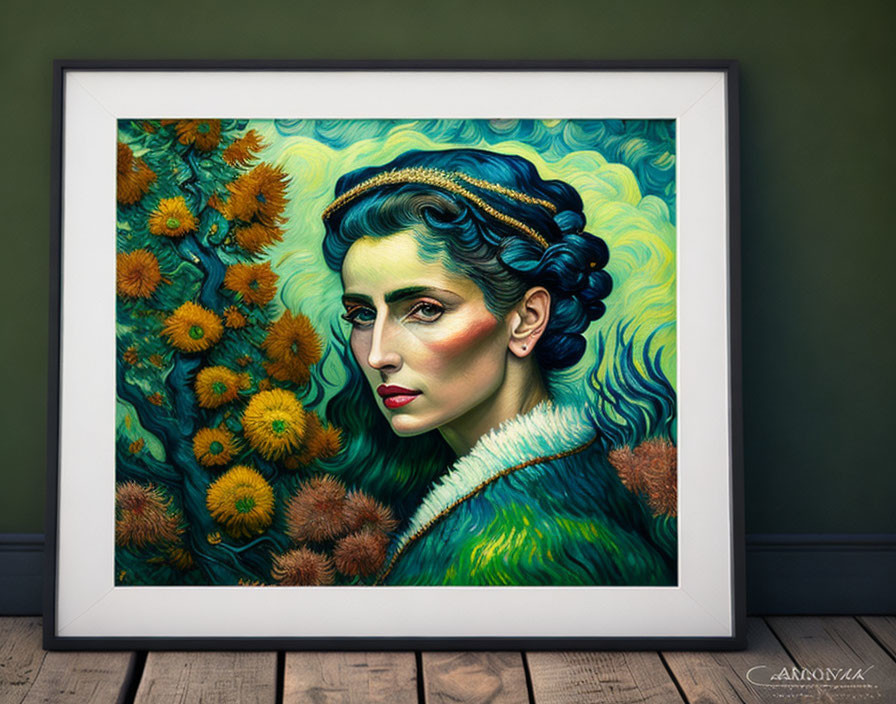 Stylized woman with blue-green hues and sunflowers on turquoise background