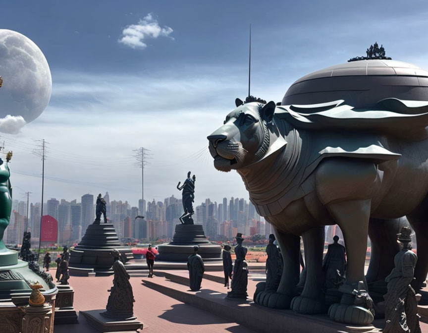 Futuristic cityscape with lion statue, sculptures, pedestrians, and two moons