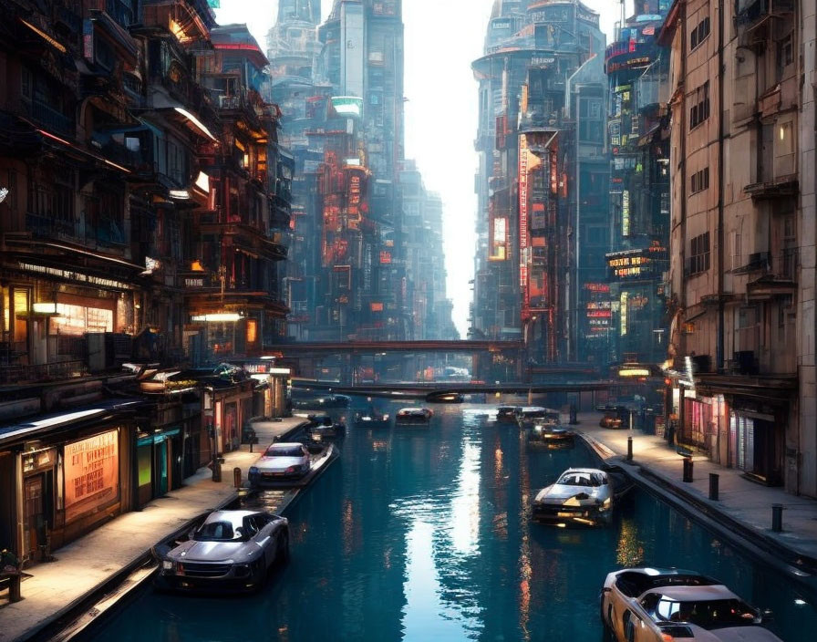 Futuristic cityscape with towering buildings, neon signs, and canal scene.