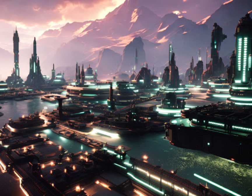 Futuristic city skyline with neon lights and mountains at dusk