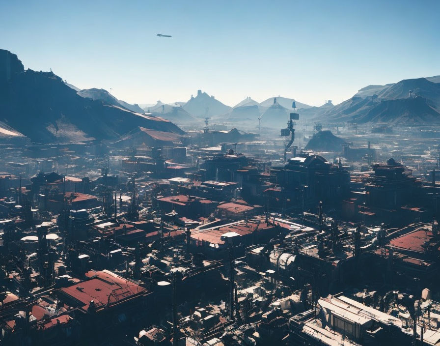 Futuristic industrial cityscape with buildings, flying vehicles, and mountains