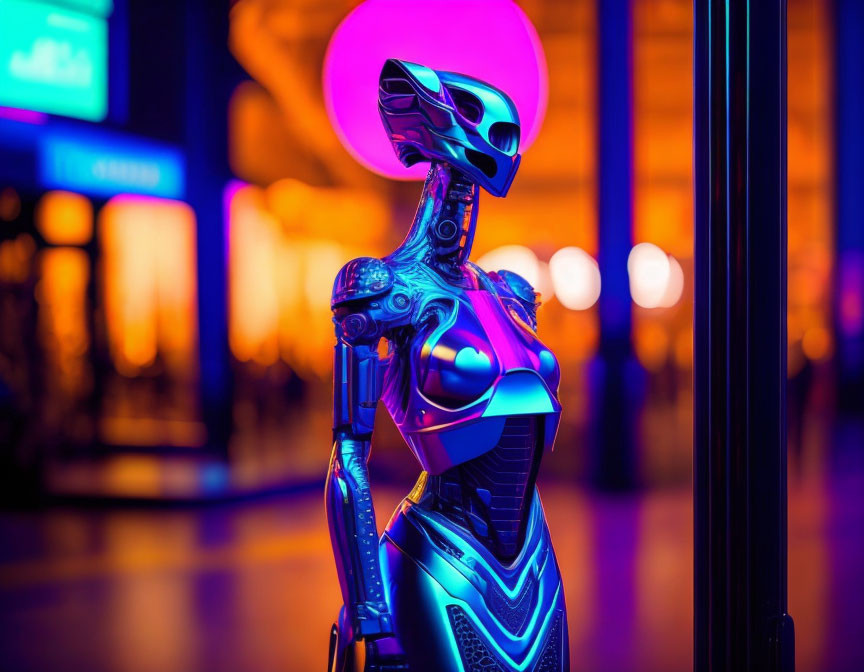 Futuristic robot illuminated by neon lights in vibrant city night scene