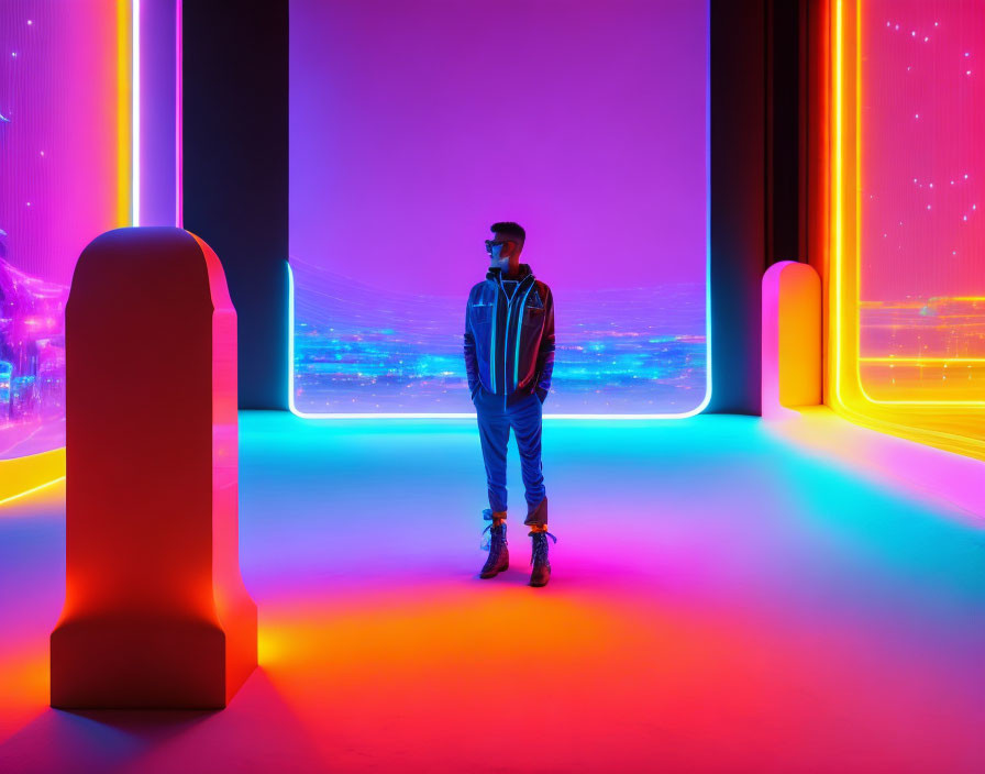 Vibrant neon-lit room with futuristic design and colorful lighting